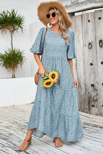 Grey Blue Floral A Line Long Summer Dress with Half Sleeves